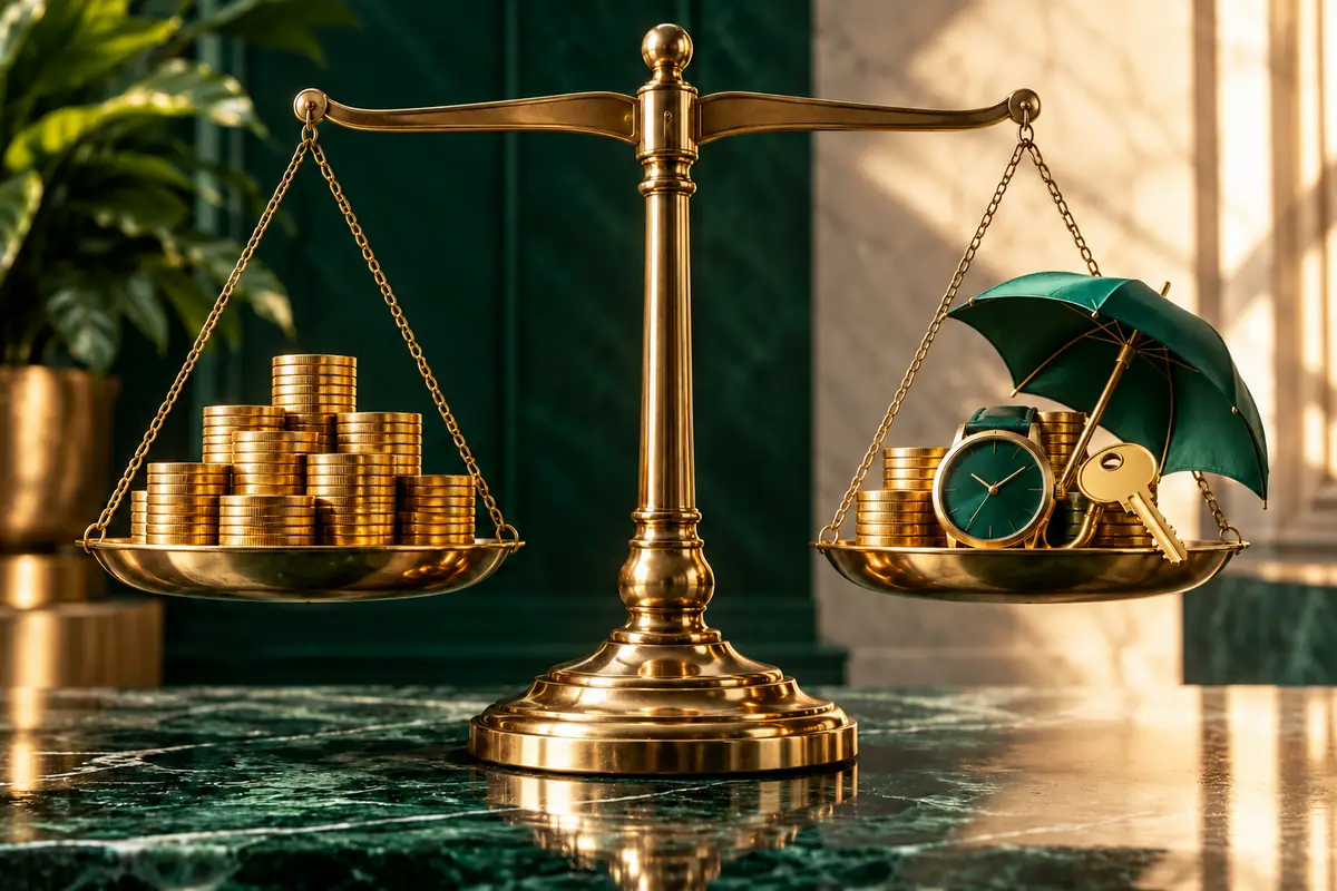 Golden balance scale weighing coins against benefits, comparing total compensation between job offers